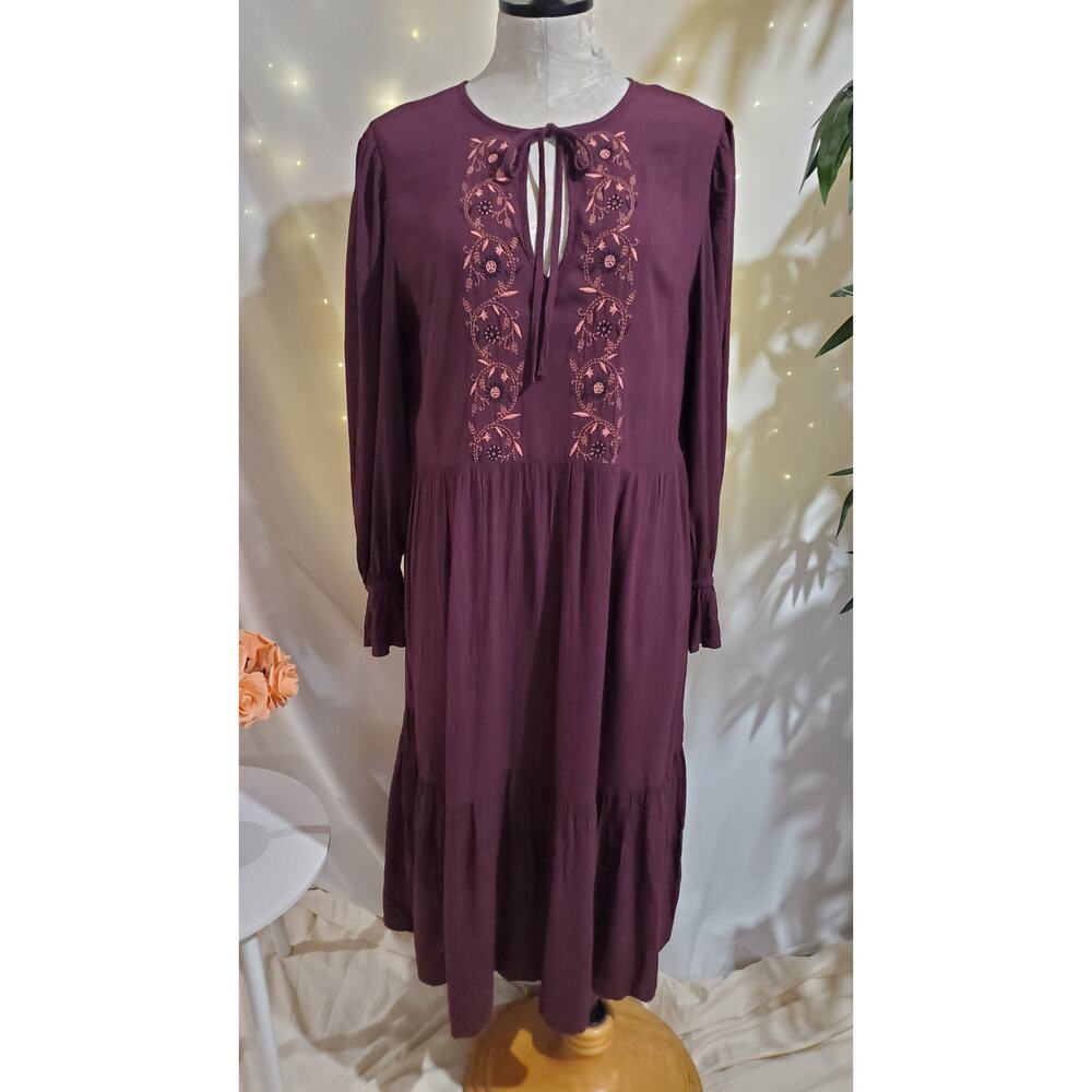 Knox Rose NWT Embroidered Tiered Midi Prairie Dress Size S Hippie Boho Pockets